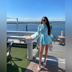 RRP$960 Women’s Set Berla Couture Blue Blouse Shorts